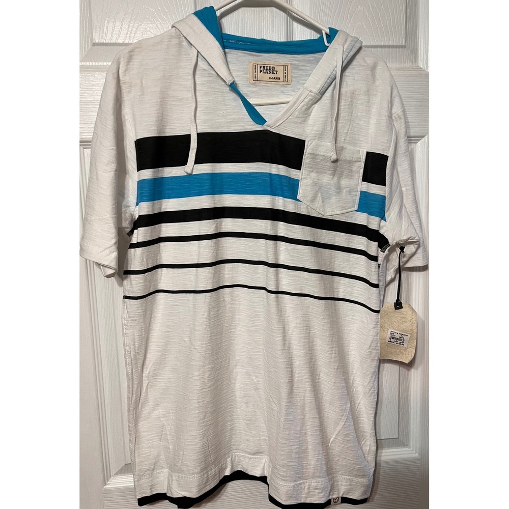 Free Planet Mens XL Short Sleeve Hooded‎ Shirt White Blue Striped Pocket NWT